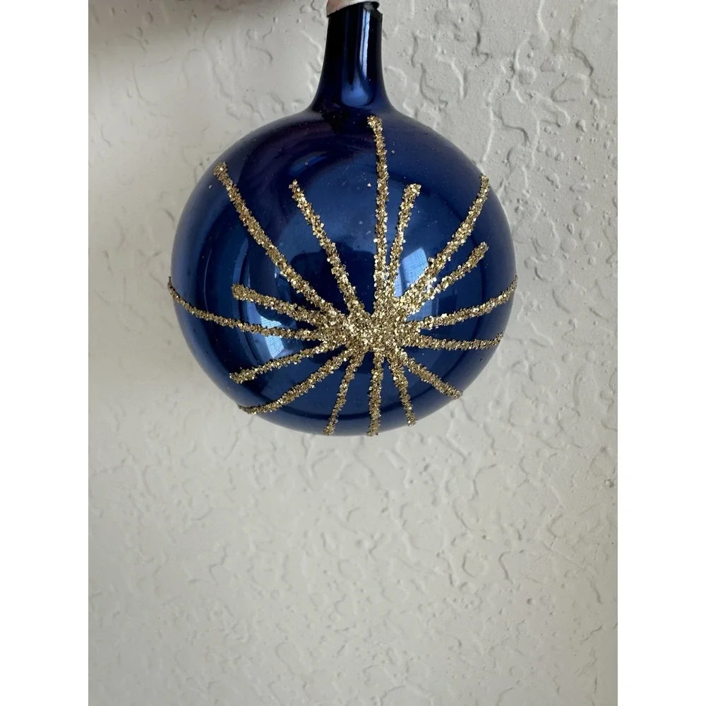LOVELY DELICATE Vtg. COLOMBIA GLASS ORNAMENT w/ Indent BLUE GOLD Hand Painted!